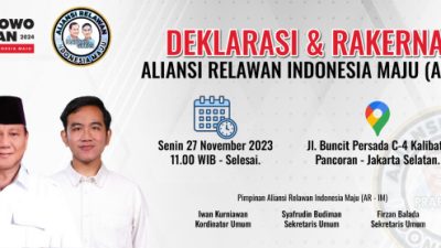 23 Pimpinan Relawan Prabowo – Gibran Bersatu Deklarasikan Aliansi Relawan Indonesia Maju (AR – IM)